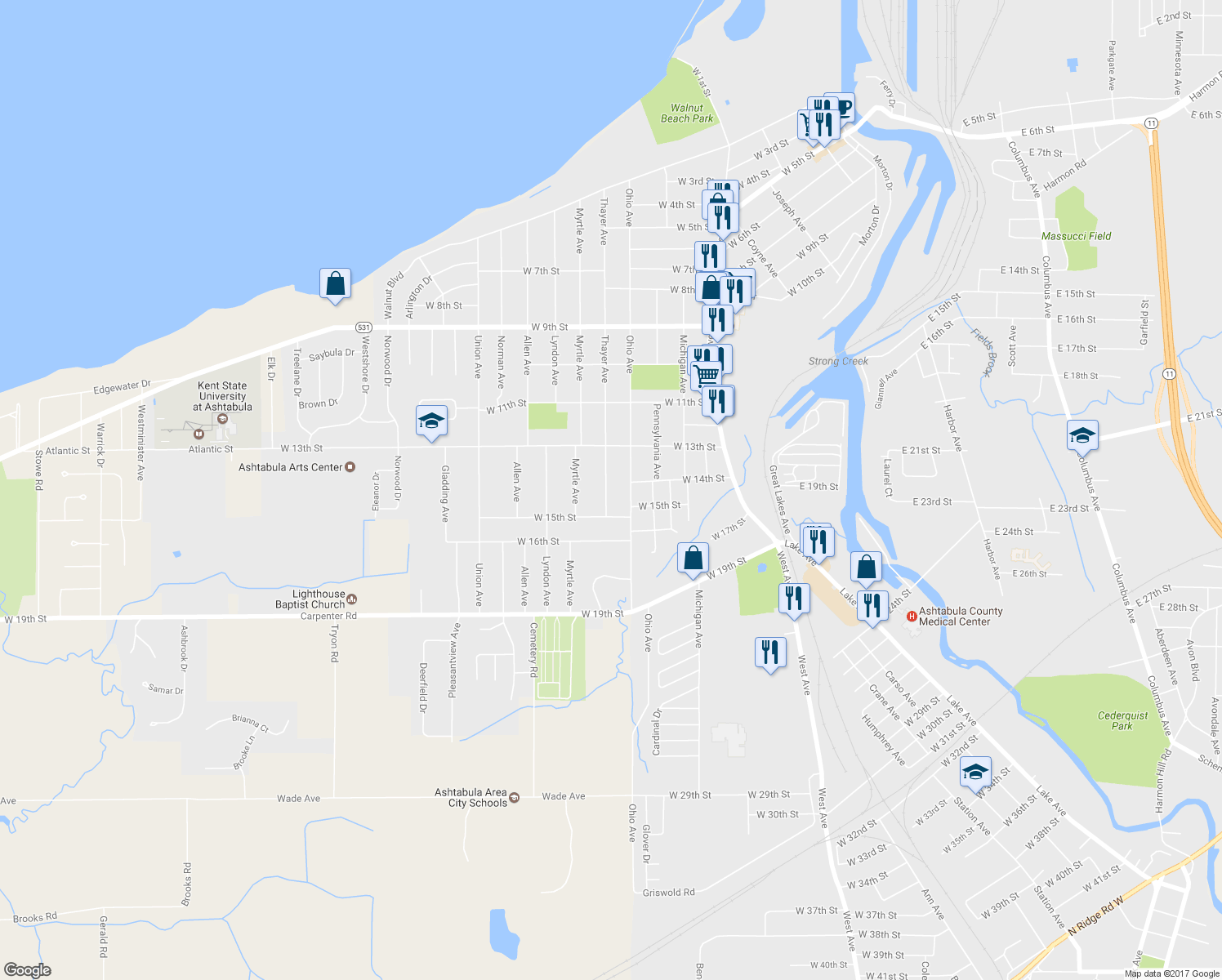map of restaurants, bars, coffee shops, grocery stores, and more near 1416 Thayer Avenue in Ashtabula