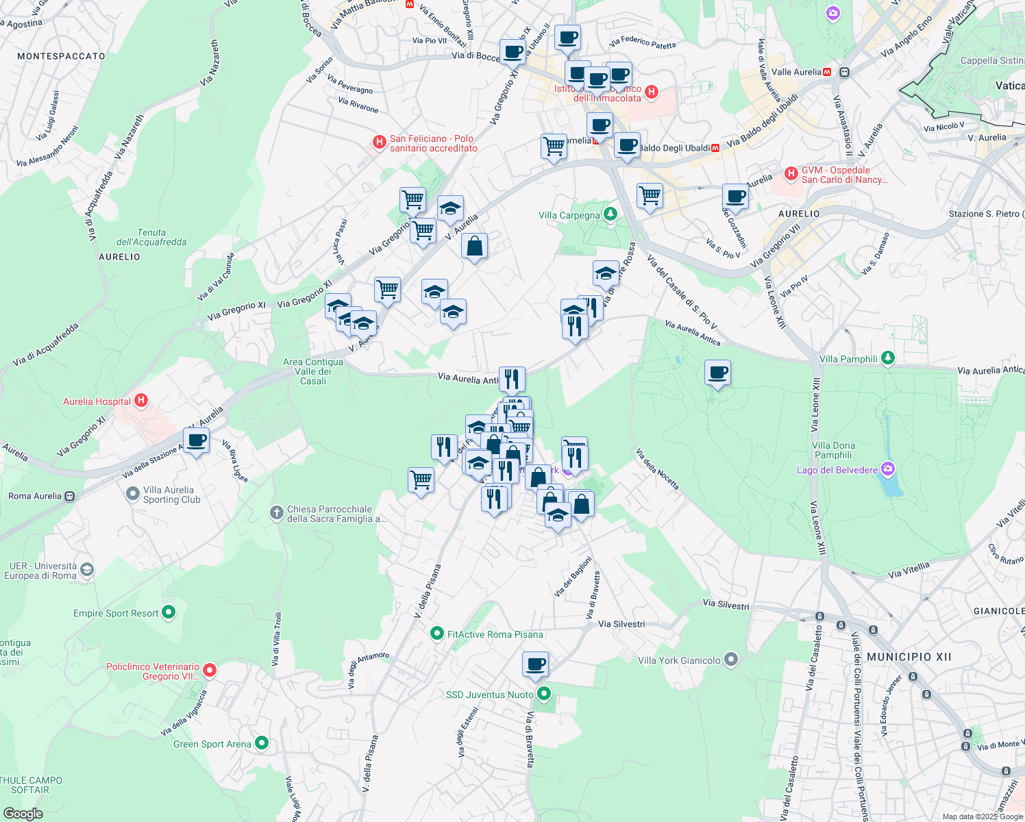map of restaurants, bars, coffee shops, grocery stores, and more near 16 Via di Bravetta in Rome
