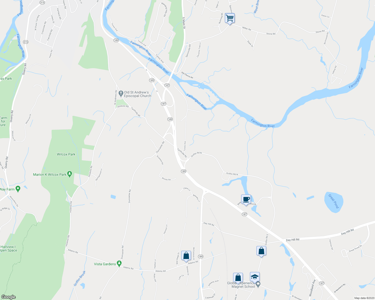 map of restaurants, bars, coffee shops, grocery stores, and more near 434 Tunxis Avenue in Bloomfield