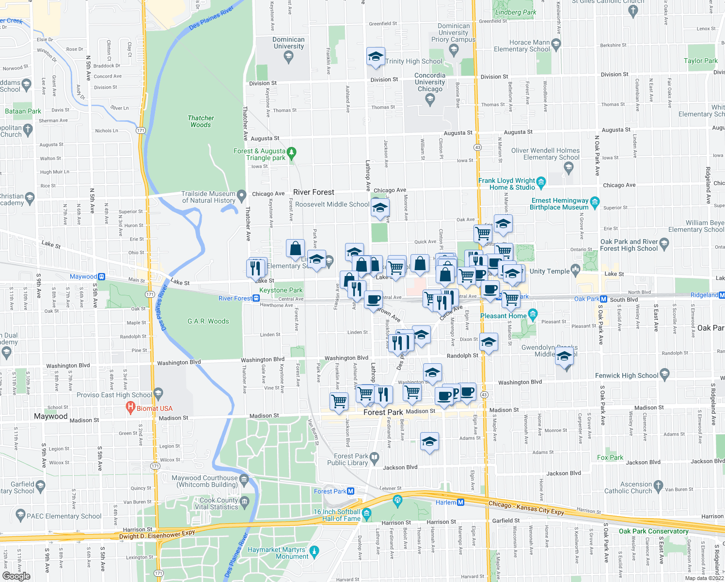 map of restaurants, bars, coffee shops, grocery stores, and more near 418 Ashland Avenue in River Forest