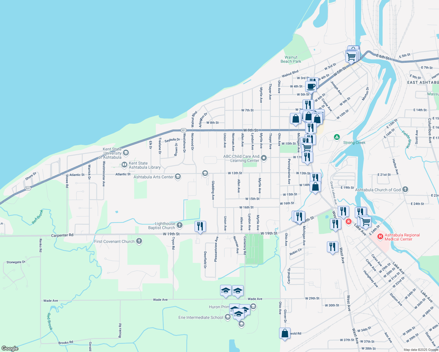 map of restaurants, bars, coffee shops, grocery stores, and more near 2522 West 13th Street in Ashtabula