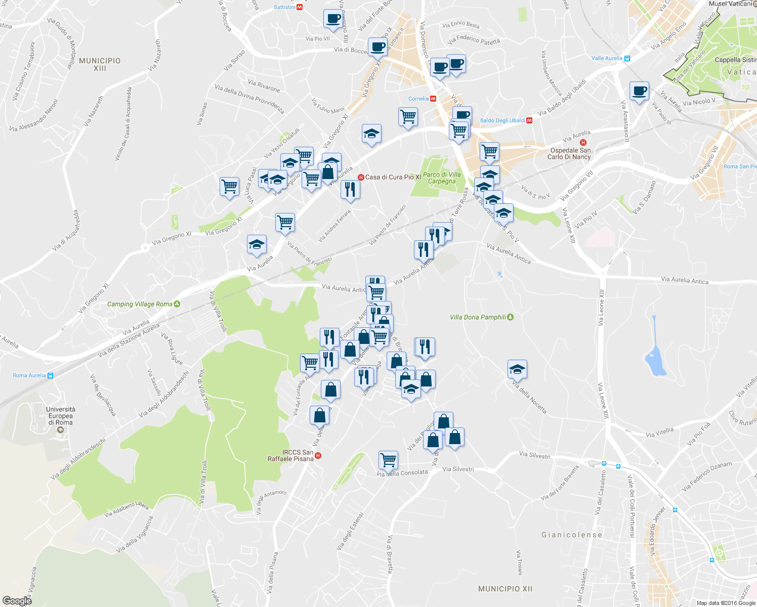map of restaurants, bars, coffee shops, grocery stores, and more near 16 Via di Bravetta in Rome