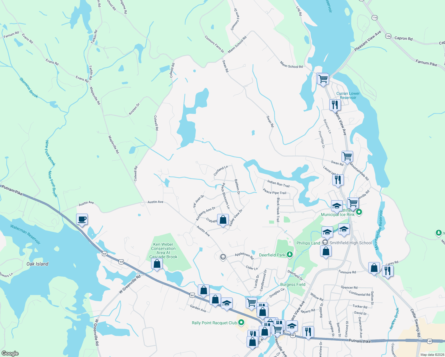 map of restaurants, bars, coffee shops, grocery stores, and more near 7 MacIntosh Drive in Smithfield