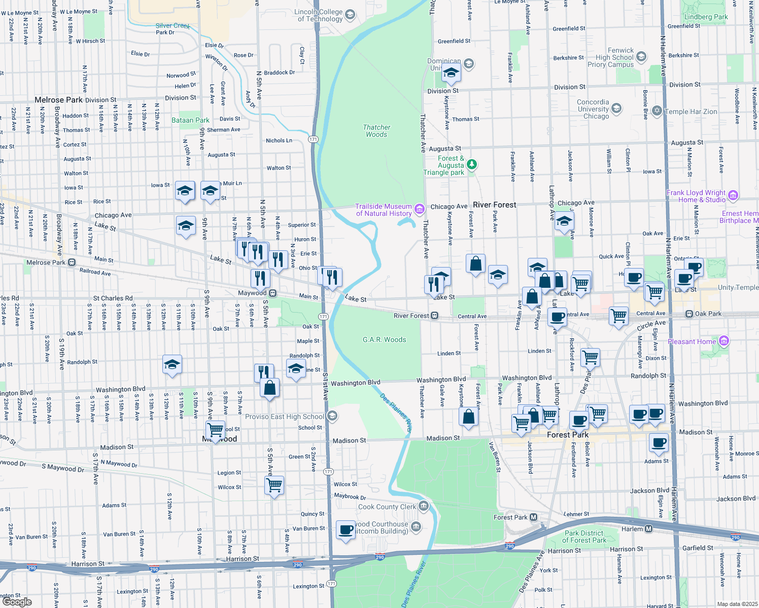 map of restaurants, bars, coffee shops, grocery stores, and more near 8213 Lake Street in River Forest