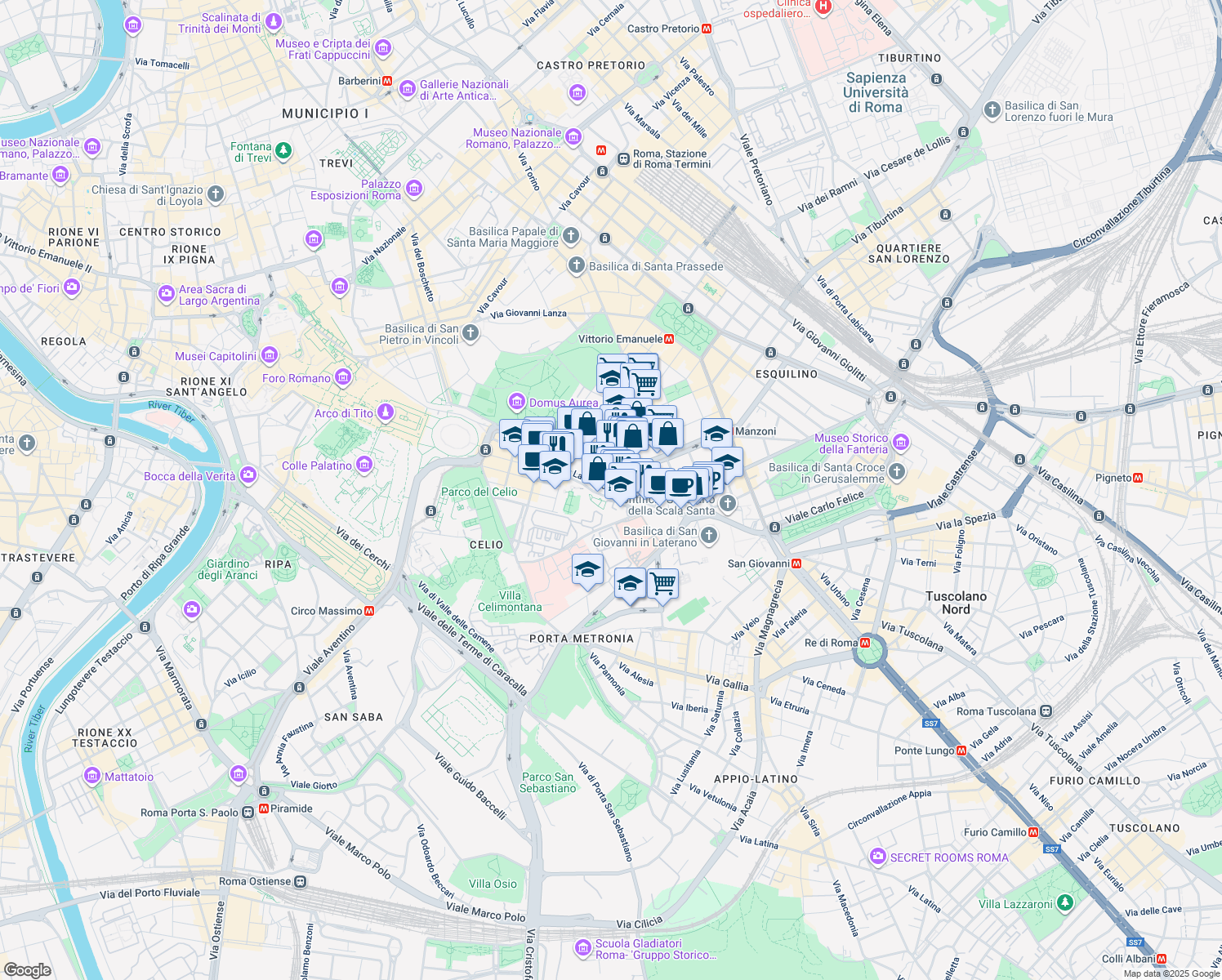 map of restaurants, bars, coffee shops, grocery stores, and more near 21 Via dei Santi Quattro in Rome