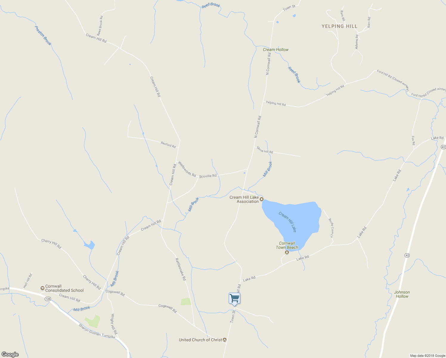 map of restaurants, bars, coffee shops, grocery stores, and more near 56 Scoville Road in Cornwall