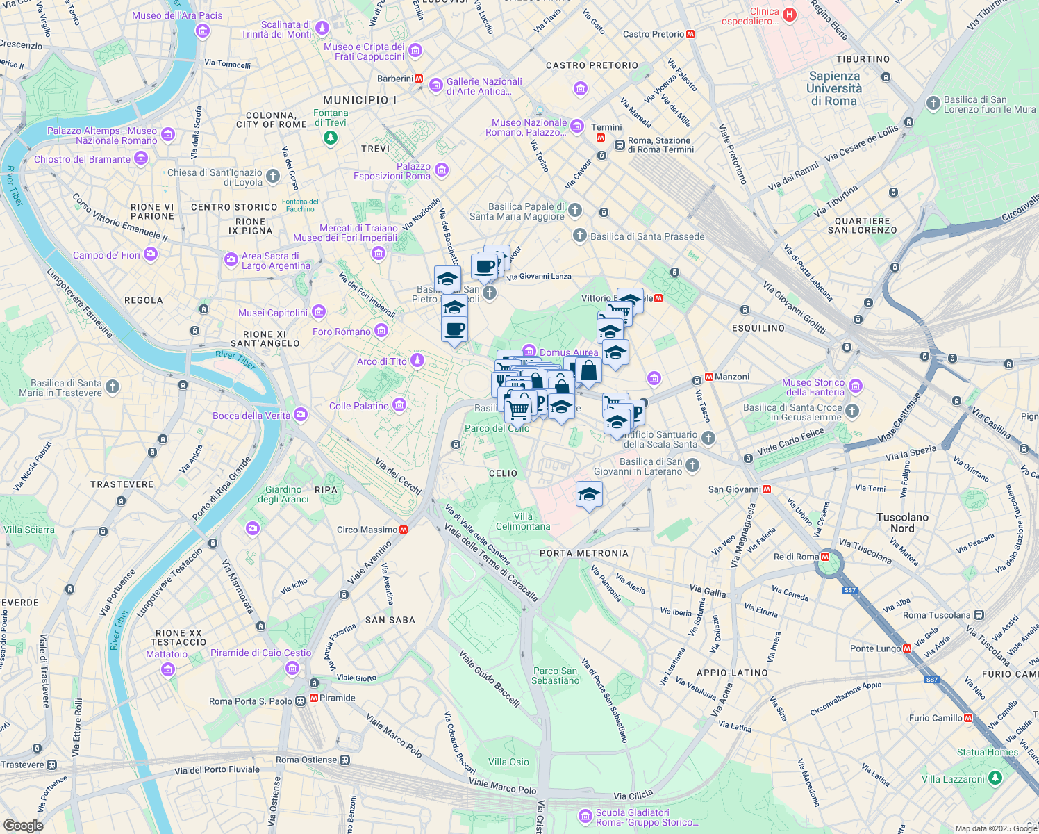 map of restaurants, bars, coffee shops, grocery stores, and more near 23 Via Ostilia in Rome