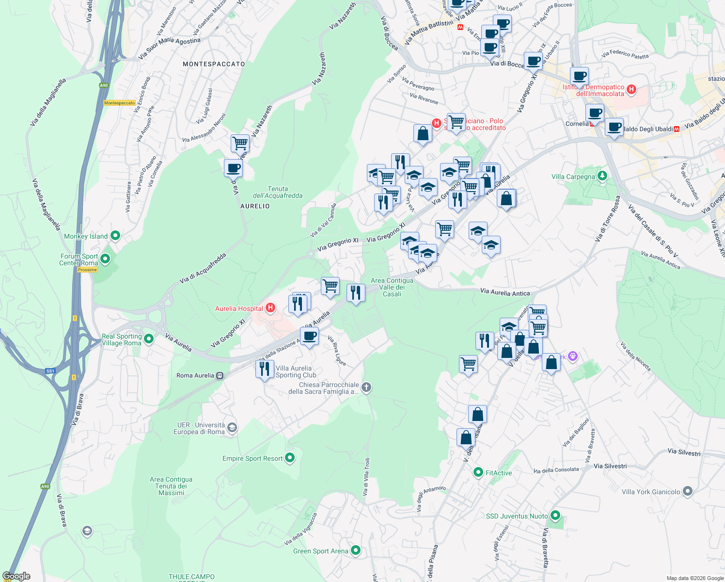 map of restaurants, bars, coffee shops, grocery stores, and more near Strada Statale 1 in Rome