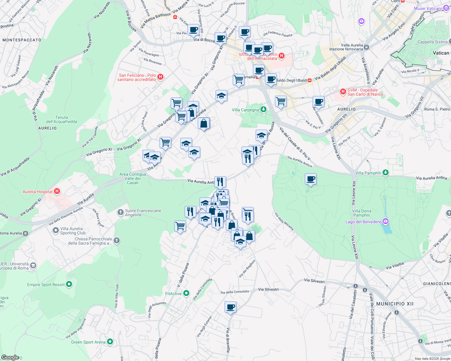 map of restaurants, bars, coffee shops, grocery stores, and more near 466 Via Aurelia Antica in Roma
