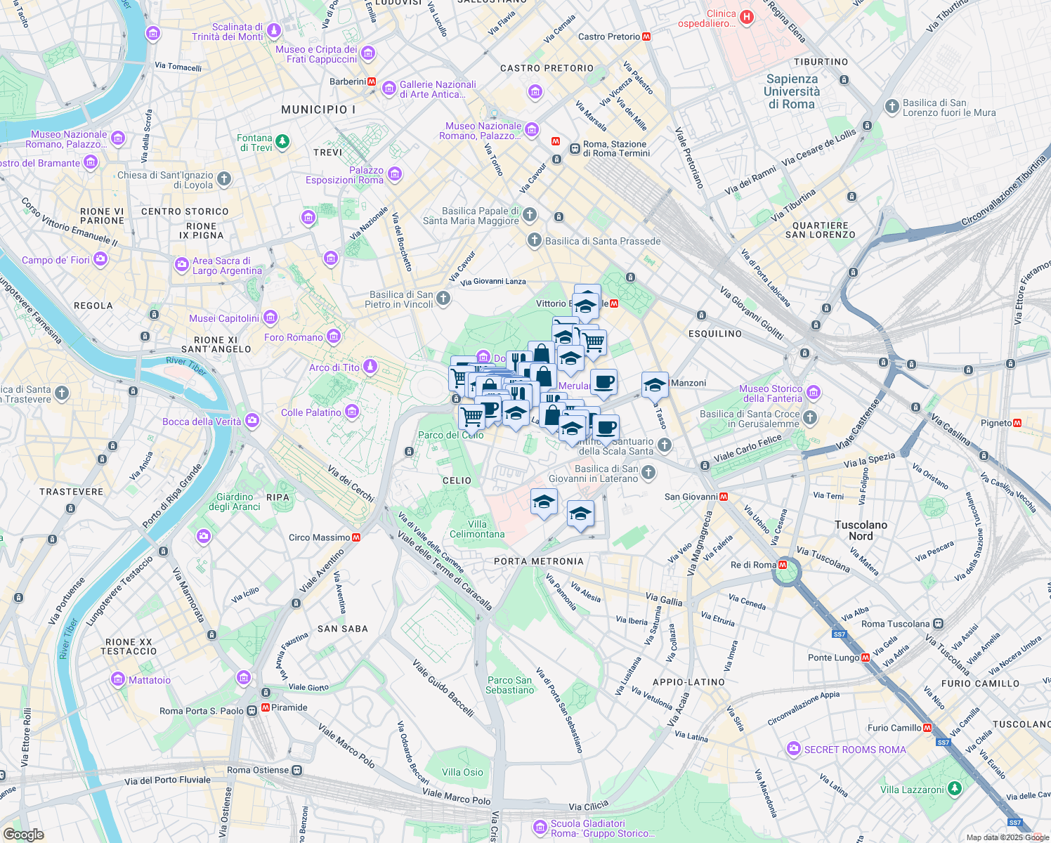 map of restaurants, bars, coffee shops, grocery stores, and more near 21 Via dei Santi Quattro in Rome