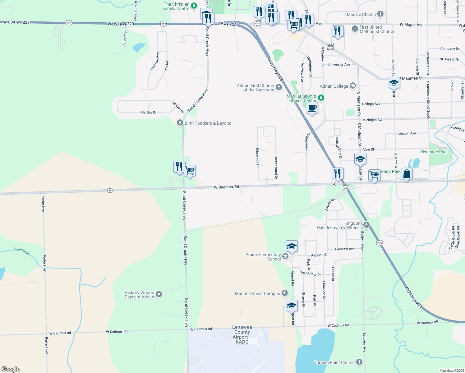 map of restaurants, bars, coffee shops, grocery stores, and more near 2148 W Beecher Rd in Adrian