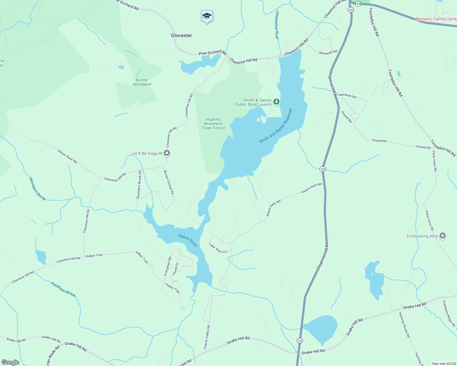 map of restaurants, bars, coffee shops, grocery stores, and more near 46 Wintergreen Way in Glocester