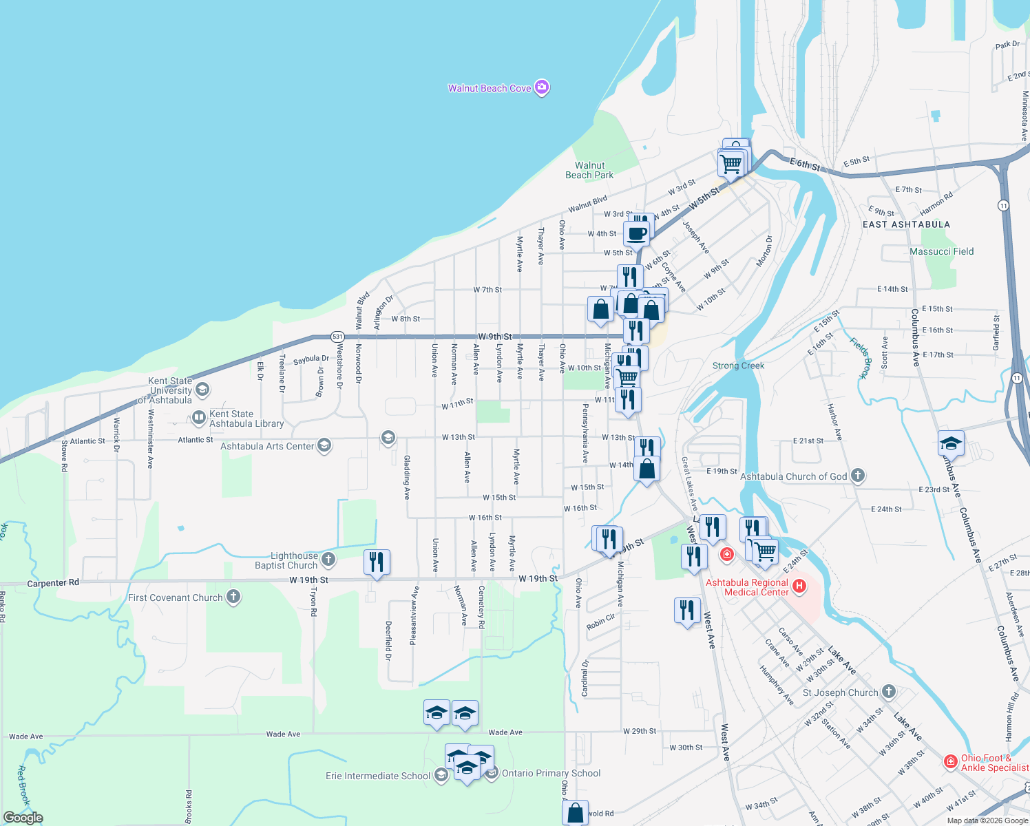 map of restaurants, bars, coffee shops, grocery stores, and more near 1121 Myrtle Ave in Ashtabula
