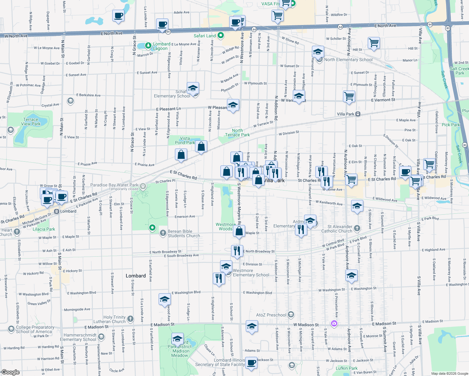 map of restaurants, bars, coffee shops, grocery stores, and more near 16 South Westmore-Meyers Road in Lombard