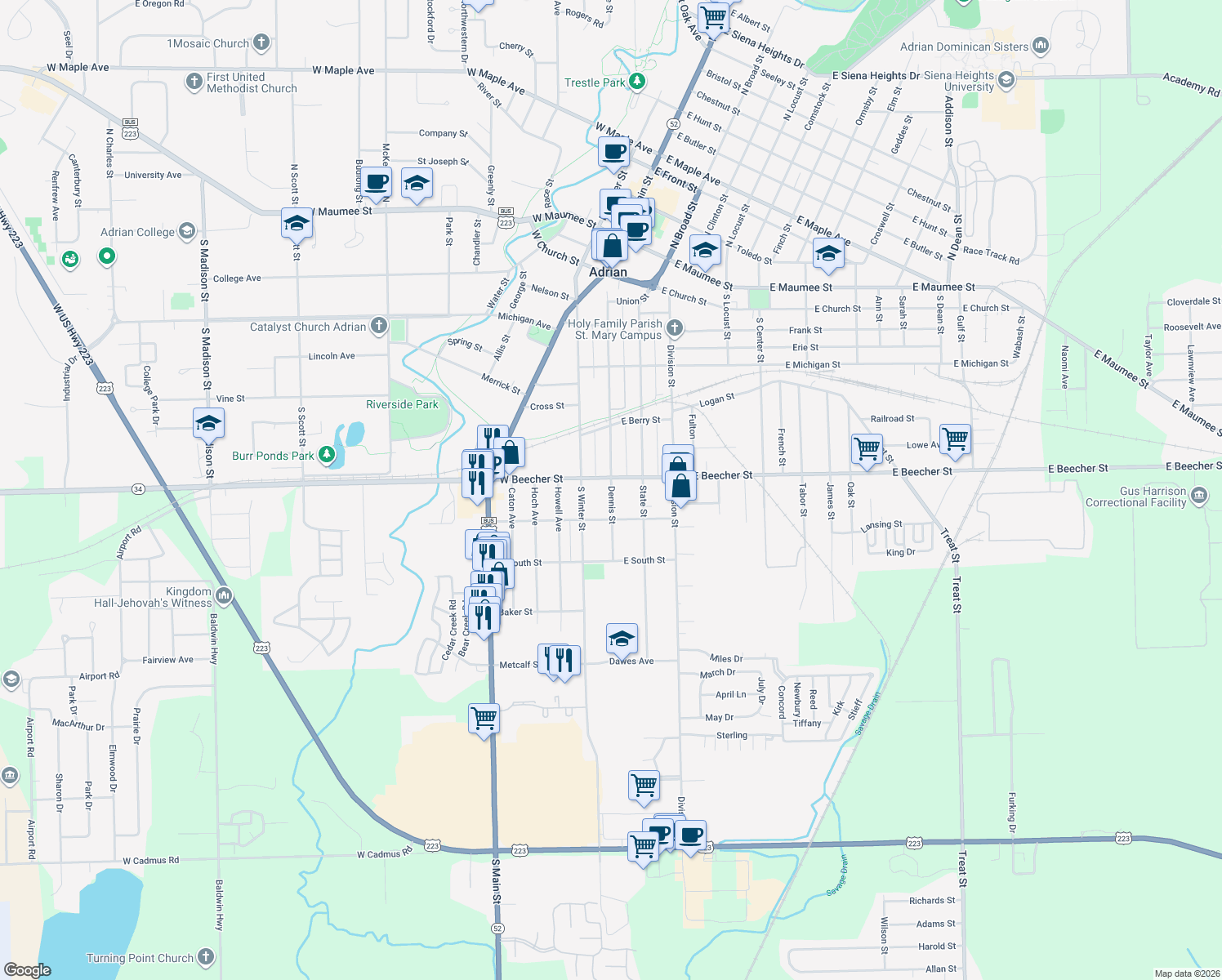map of restaurants, bars, coffee shops, grocery stores, and more near 714 Dennis Street in Adrian