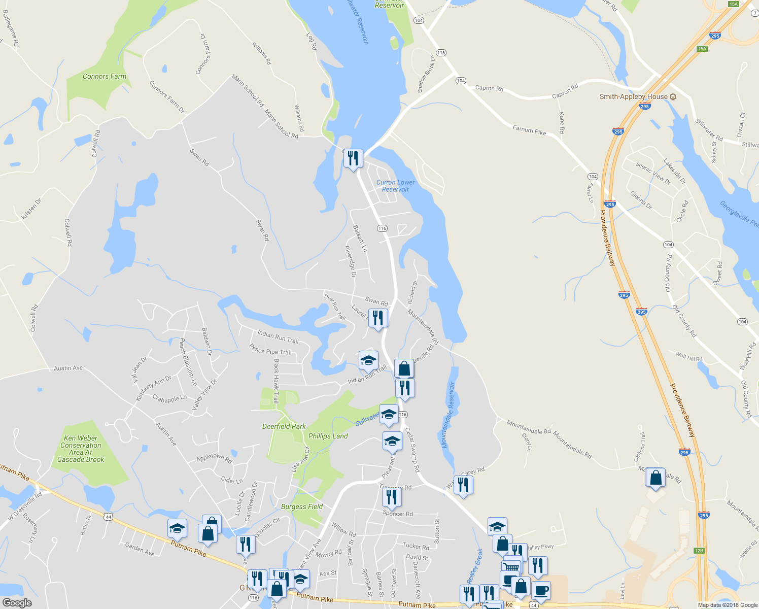 map of restaurants, bars, coffee shops, grocery stores, and more near 6 Swan Road in Smithfield