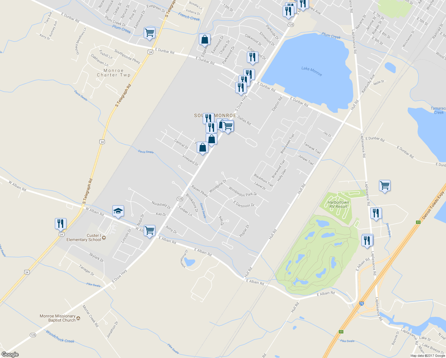 map of restaurants, bars, coffee shops, grocery stores, and more near 5467 Downing Circle in Monroe