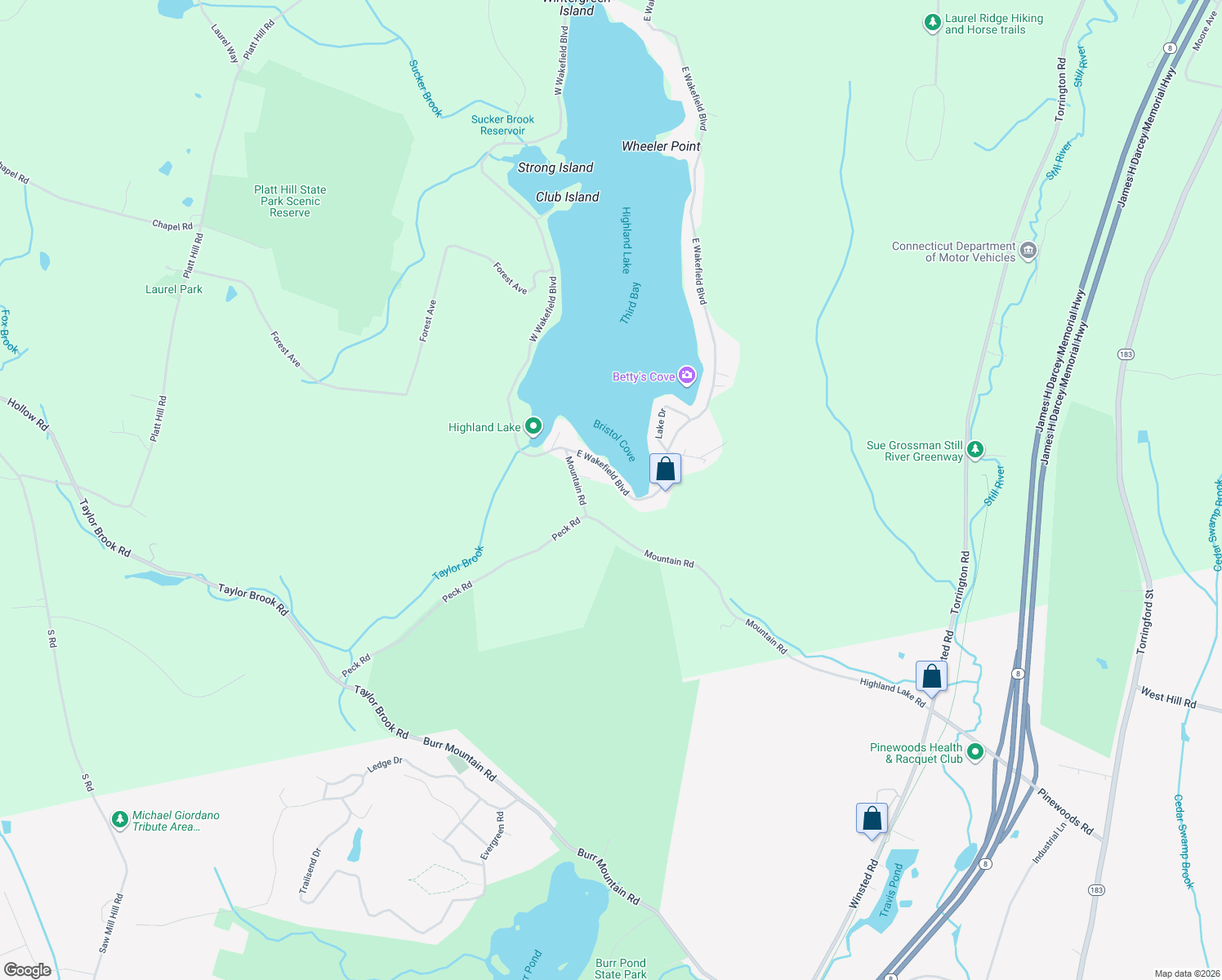 map of restaurants, bars, coffee shops, grocery stores, and more near 105 Mountain Road in Winsted