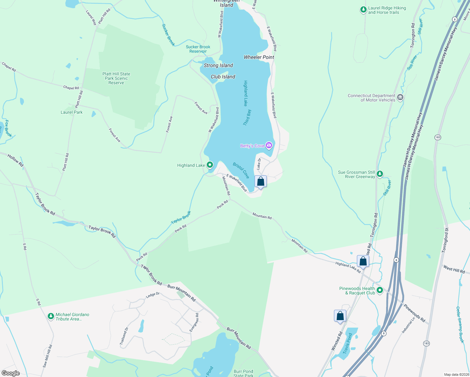 map of restaurants, bars, coffee shops, grocery stores, and more near 105 Mountain Road in Winsted