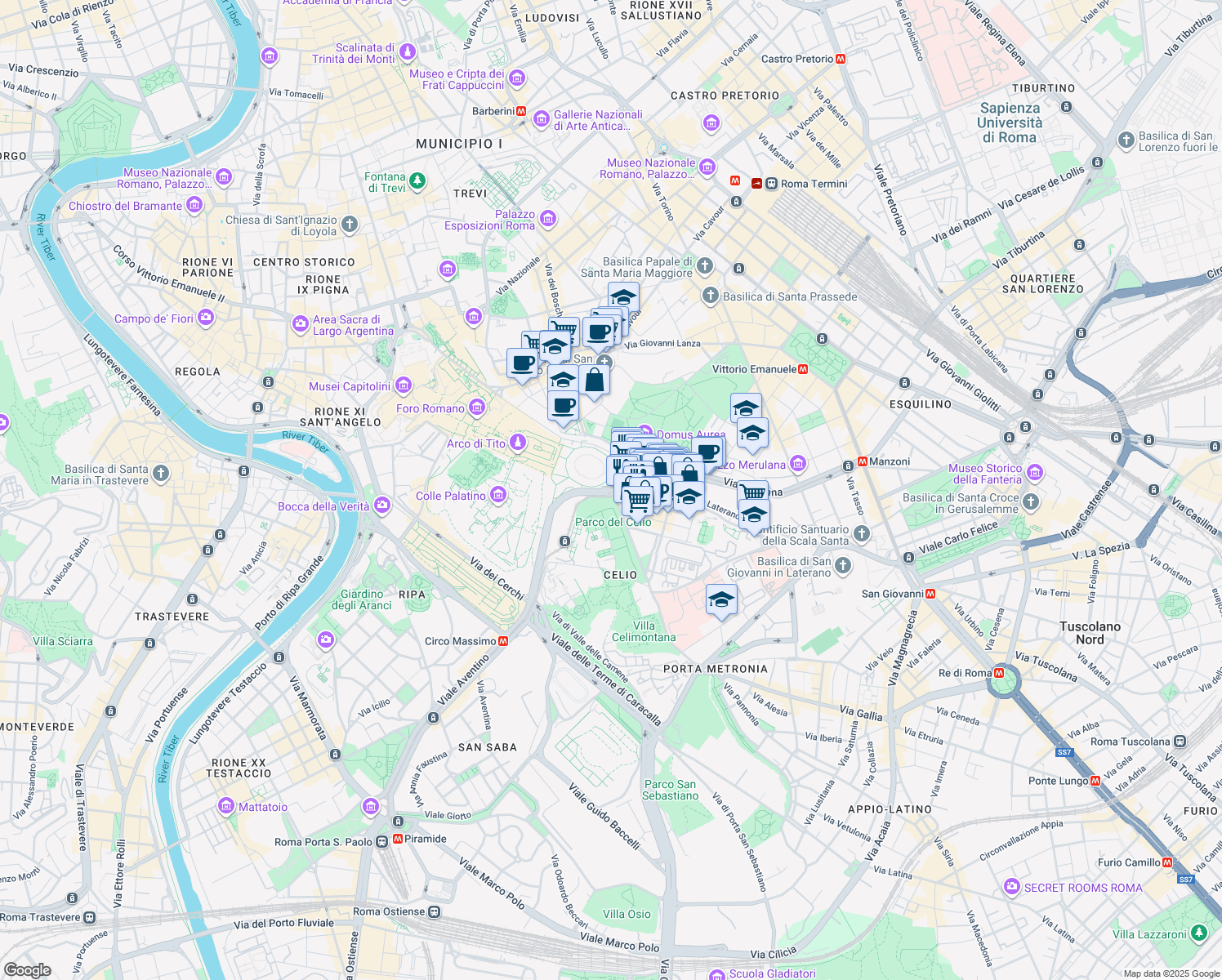 map of restaurants, bars, coffee shops, grocery stores, and more near 5 Piazza del Colosseo in Rome