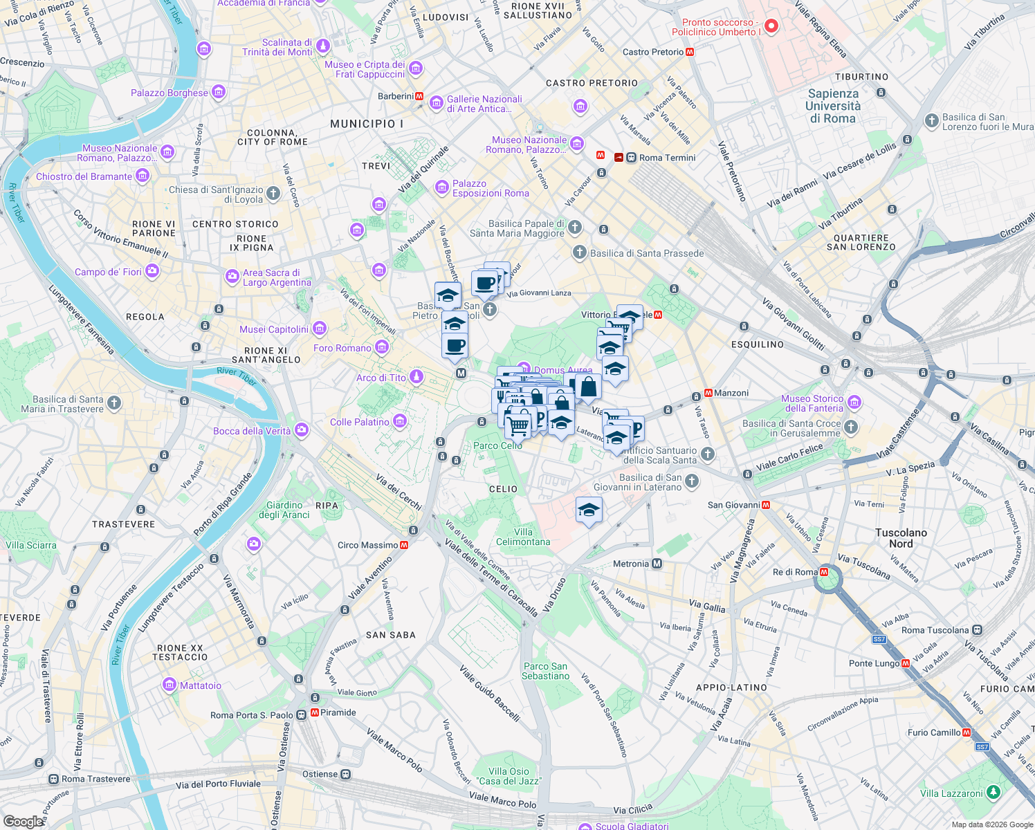map of restaurants, bars, coffee shops, grocery stores, and more near 63 Via dei Santissimi Quattro in Rome