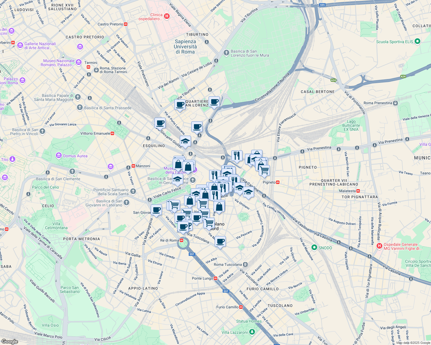 map of restaurants, bars, coffee shops, grocery stores, and more near 52-74 Via Casilina in Rome