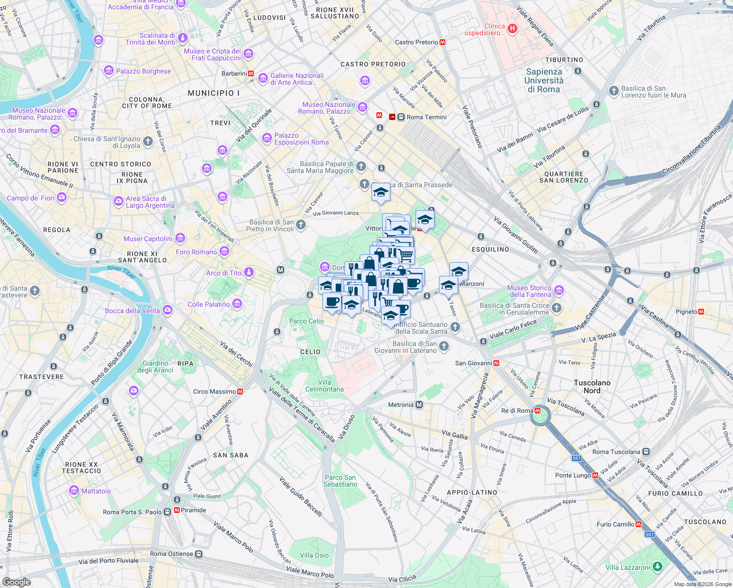 map of restaurants, bars, coffee shops, grocery stores, and more near 40 Via Ludovico Muratori in Roma