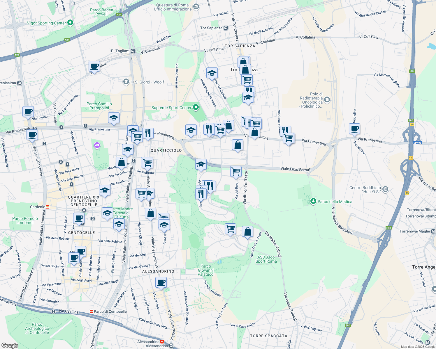 map of restaurants, bars, coffee shops, grocery stores, and more near 5 Via Roberto Lepetit in Roma