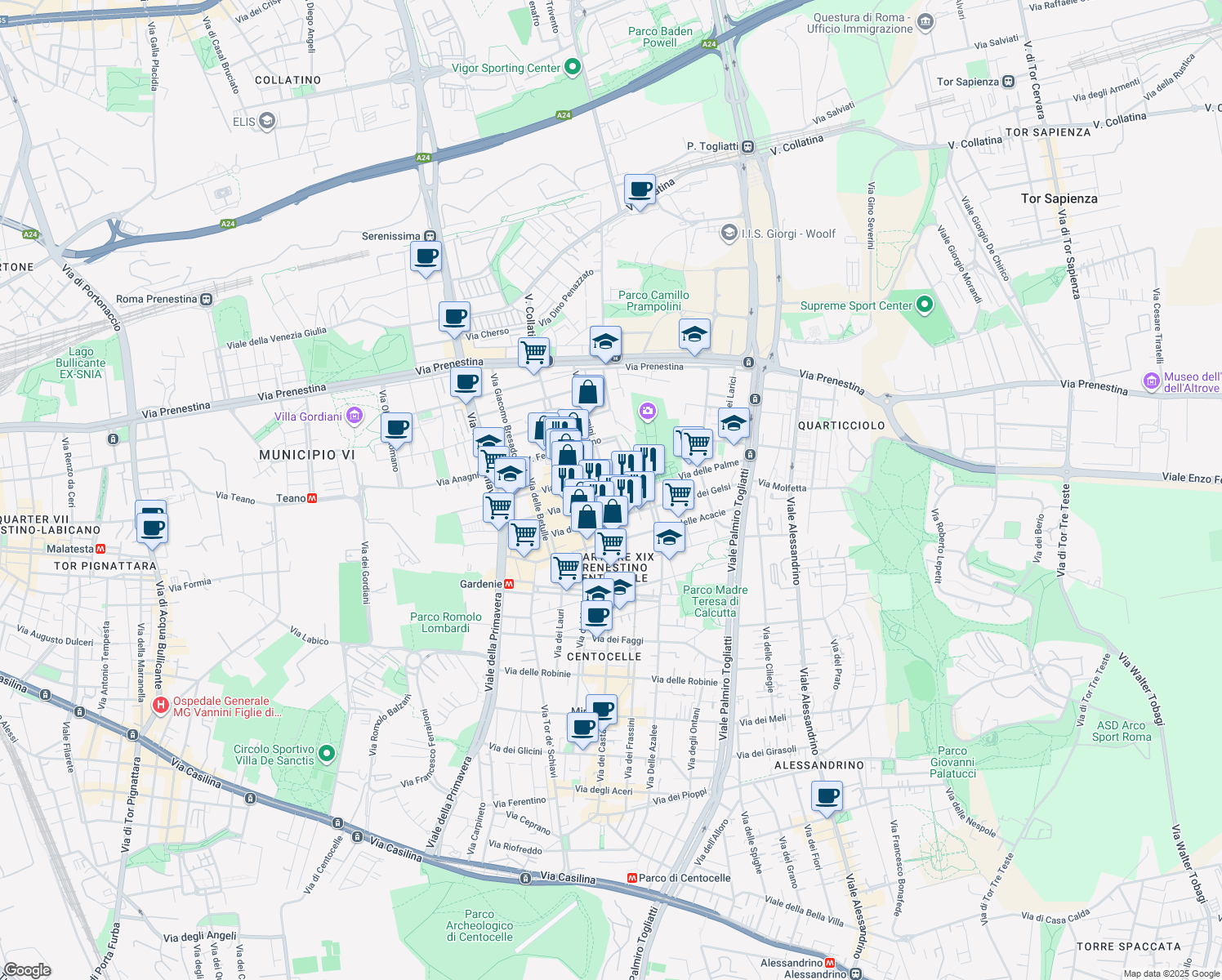 map of restaurants, bars, coffee shops, grocery stores, and more near 120-150 Via delle Rose in Rome