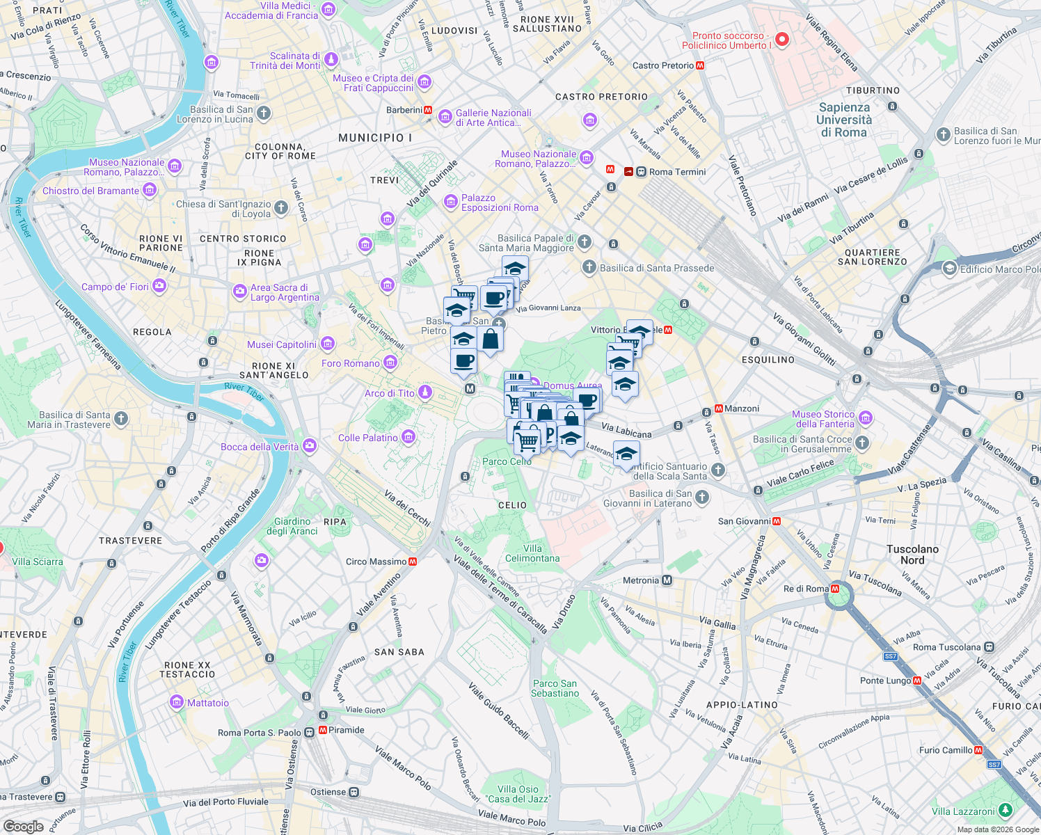 map of restaurants, bars, coffee shops, grocery stores, and more near 12 Via di San Giovanni in Laterano in Rome