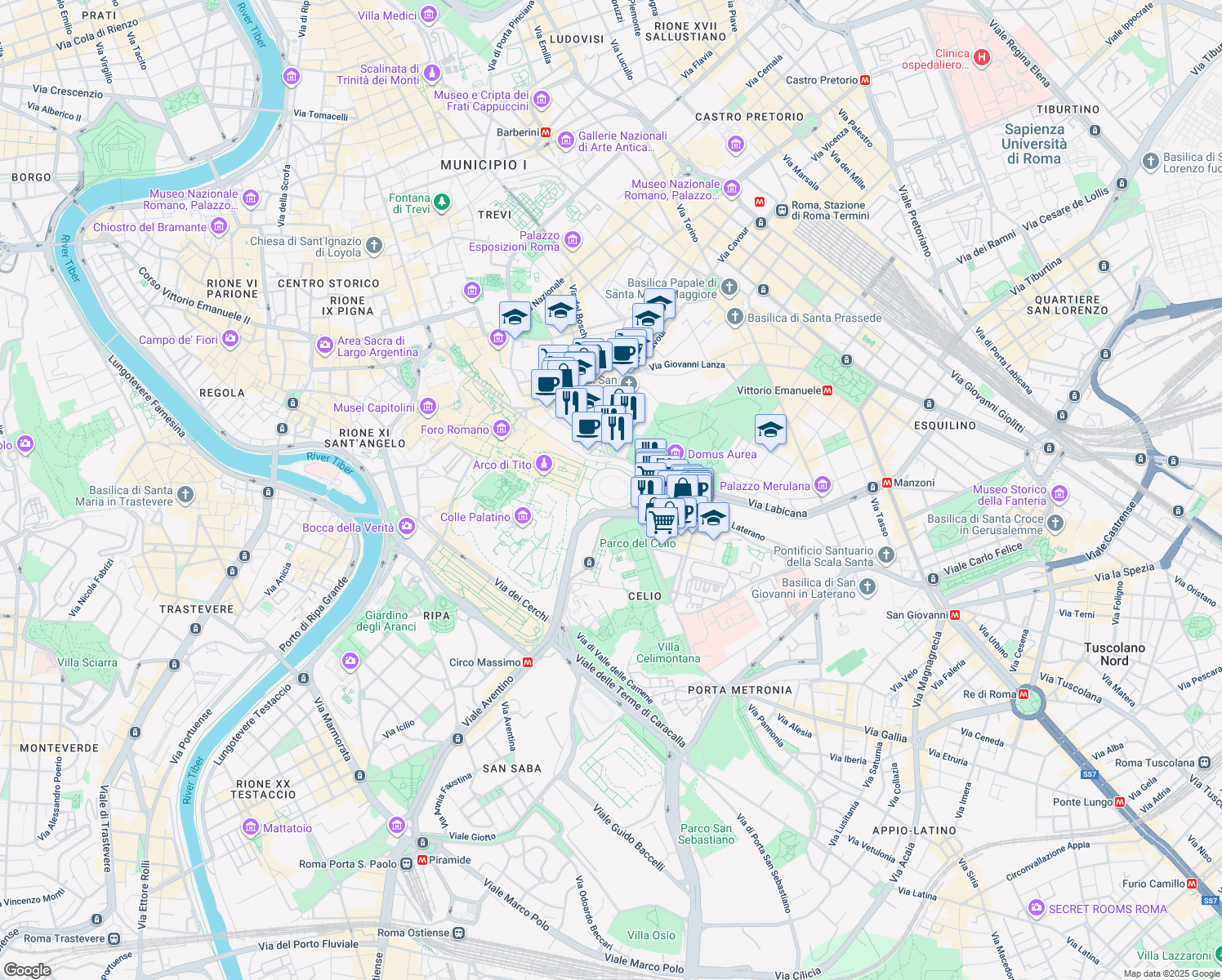 map of restaurants, bars, coffee shops, grocery stores, and more near 58 Piazza del Colosseo in Rome