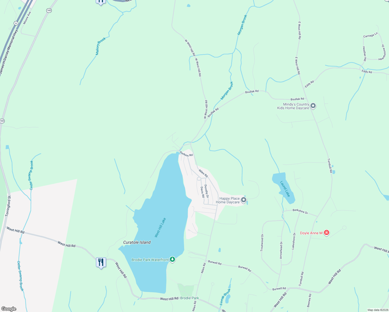 map of restaurants, bars, coffee shops, grocery stores, and more near 187 West West Hill Road in Barkhamsted