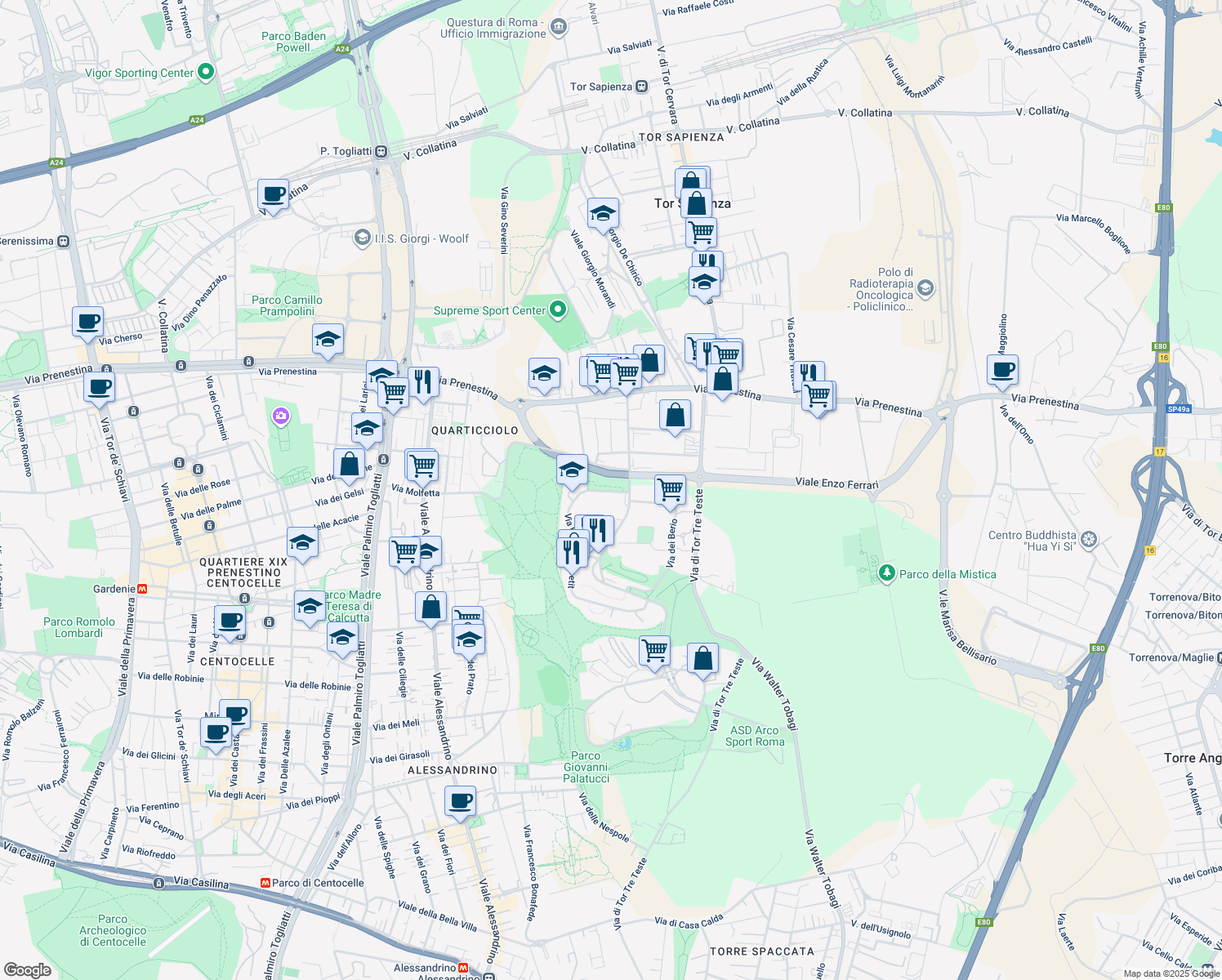 map of restaurants, bars, coffee shops, grocery stores, and more near 5 Via Roberto Lepetit in Roma