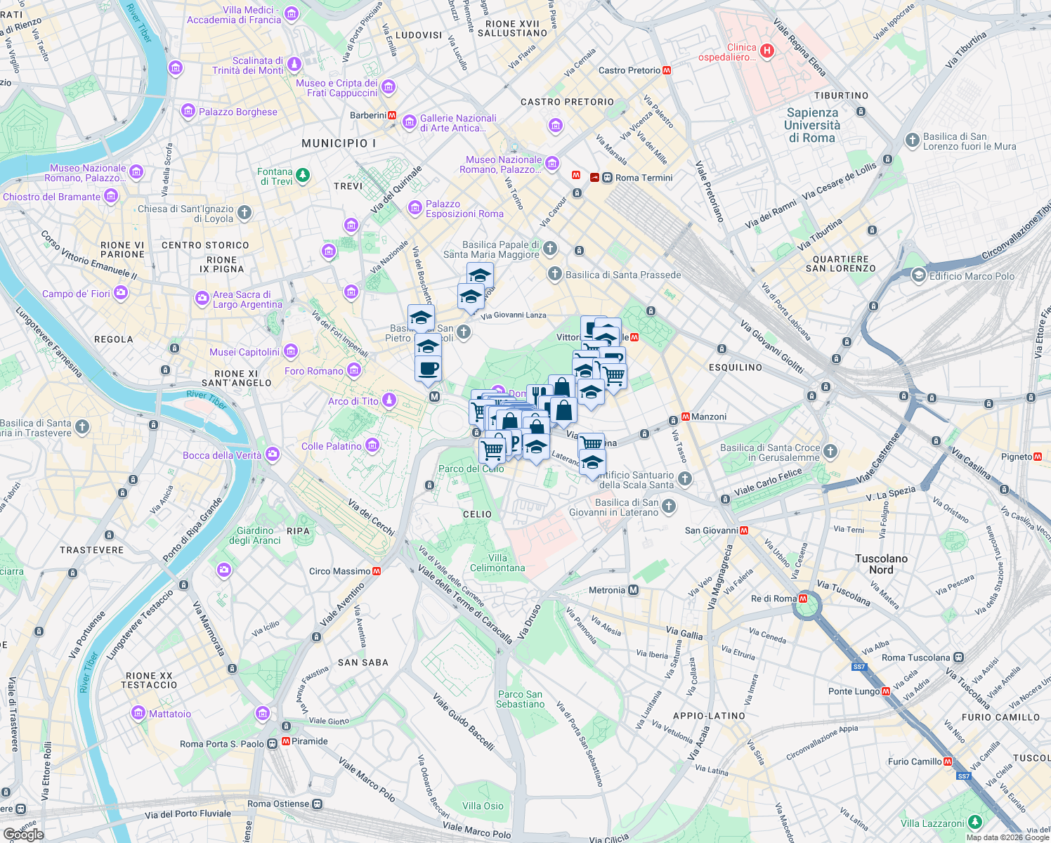 map of restaurants, bars, coffee shops, grocery stores, and more near 33 Via Labicana in Rome