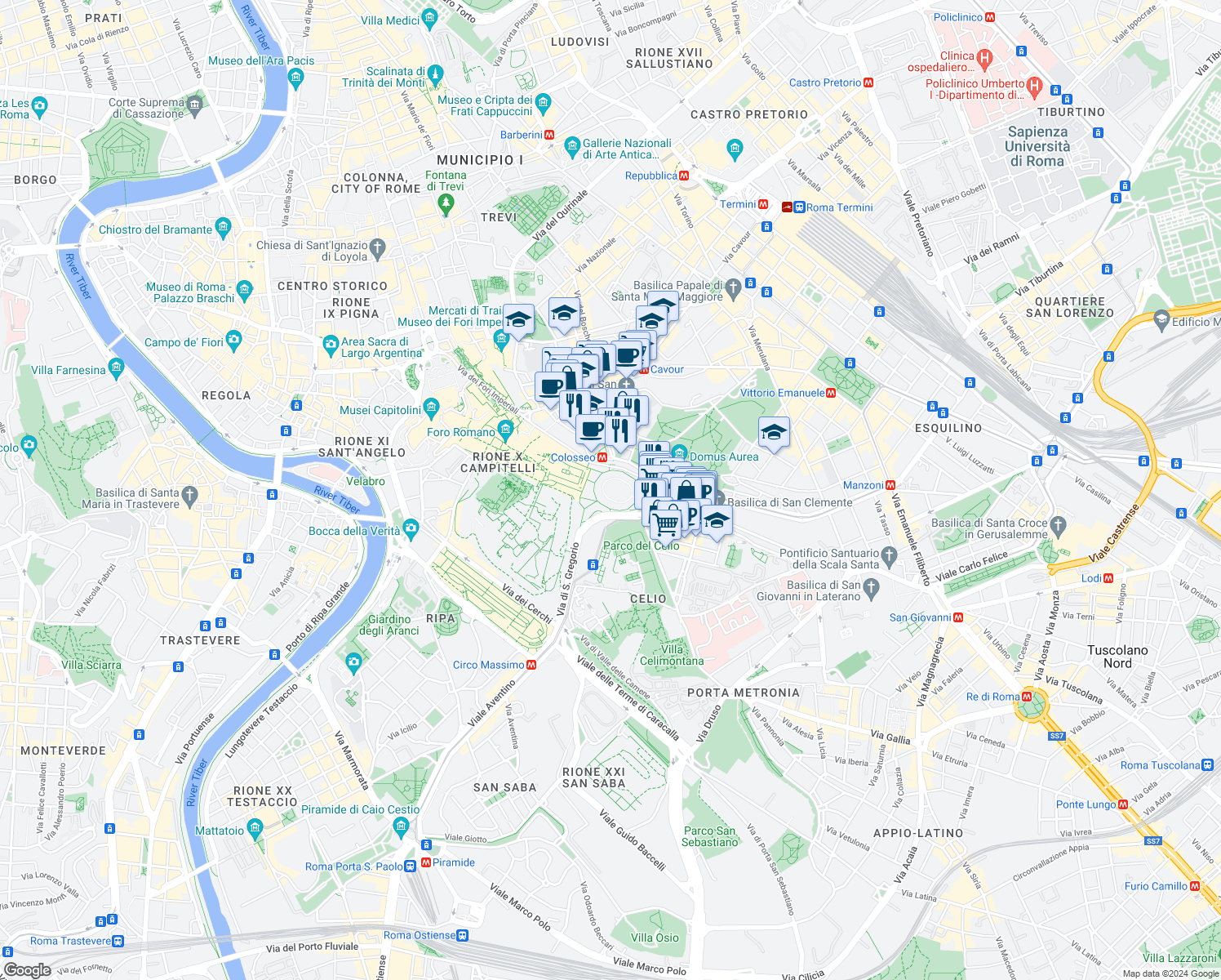 map of restaurants, bars, coffee shops, grocery stores, and more near 58 Piazza del Colosseo in Roma