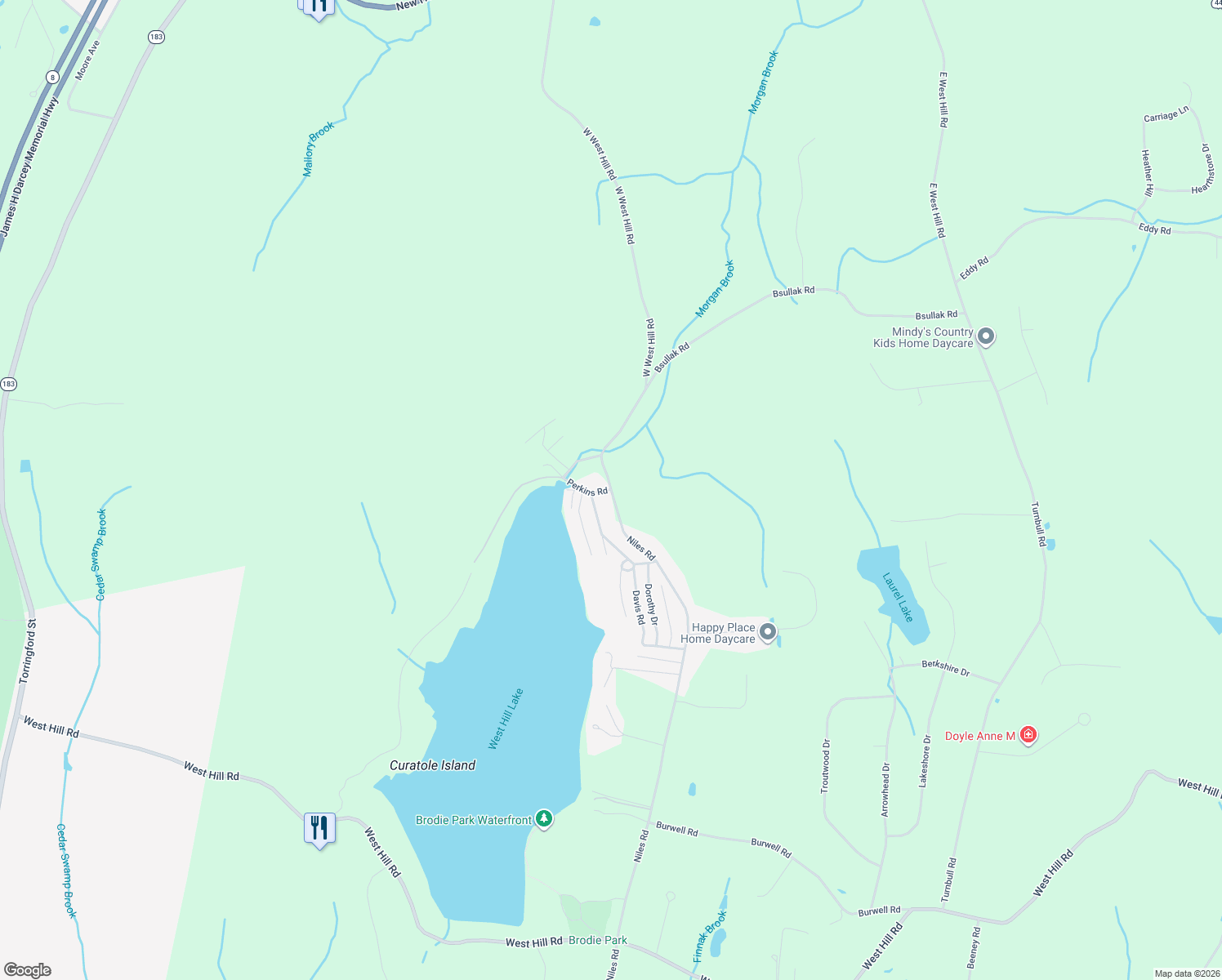 map of restaurants, bars, coffee shops, grocery stores, and more near 187 West West Hill Road in Barkhamsted