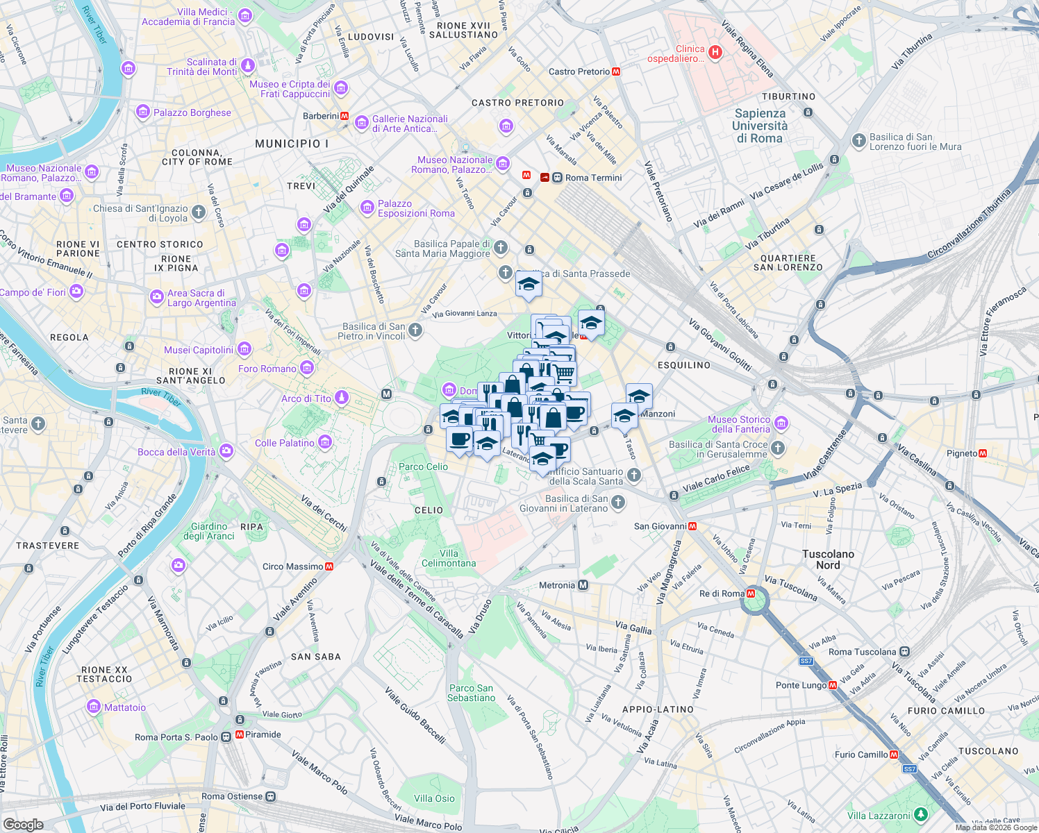 map of restaurants, bars, coffee shops, grocery stores, and more near 40 Via Ludovico Muratori in Roma