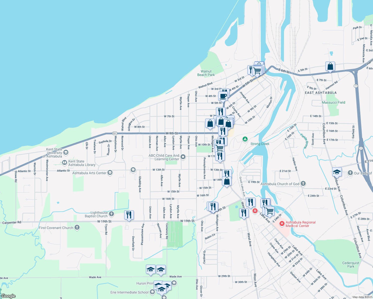 map of restaurants, bars, coffee shops, grocery stores, and more near 1021 Thayer Avenue in Ashtabula