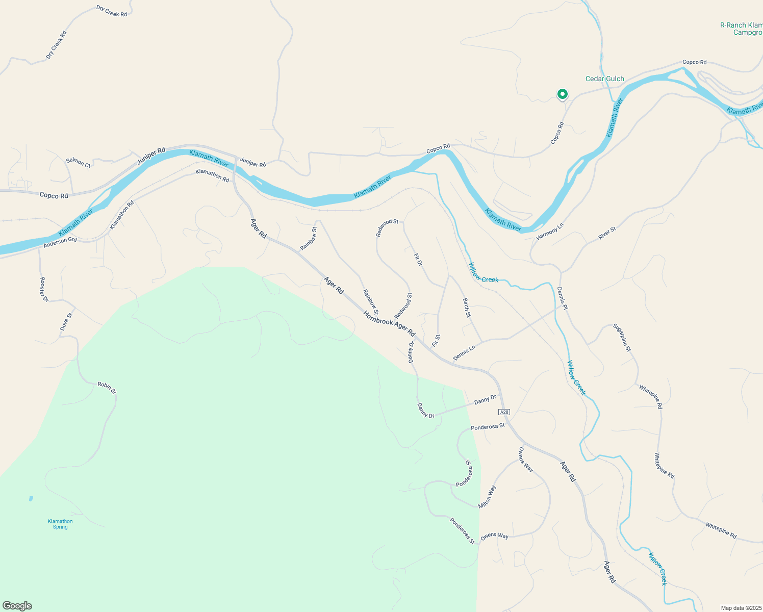 map of restaurants, bars, coffee shops, grocery stores, and more near 13942-14126 Rainbow Street in Hornbrook