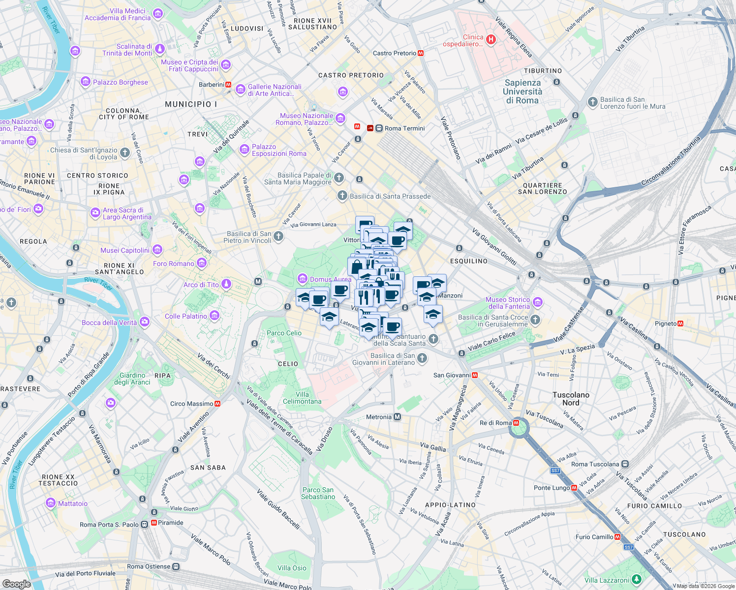 map of restaurants, bars, coffee shops, grocery stores, and more near 28 Via Ruggero Bonghi in Roma
