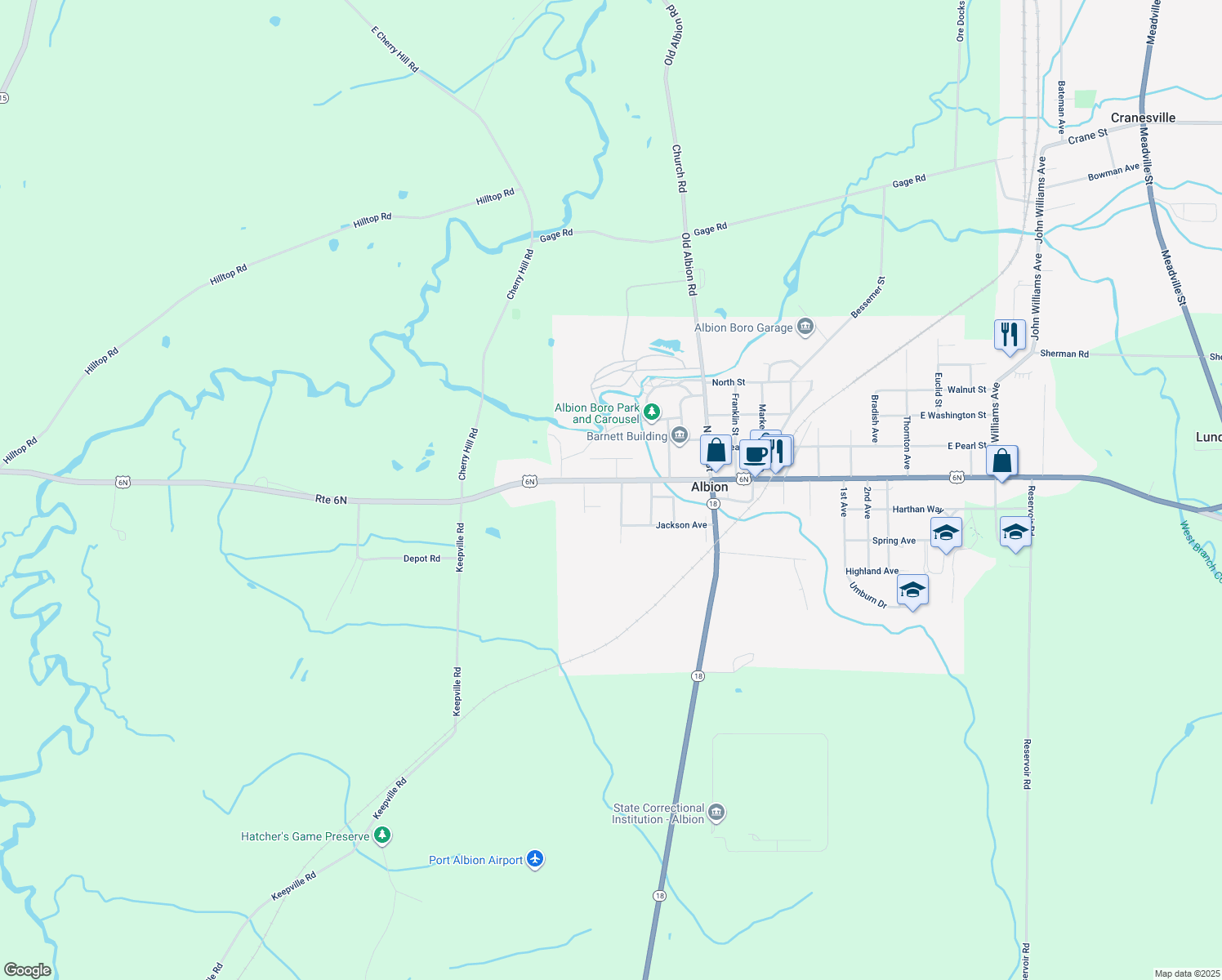 map of restaurants, bars, coffee shops, grocery stores, and more near 118 W State St in Albion