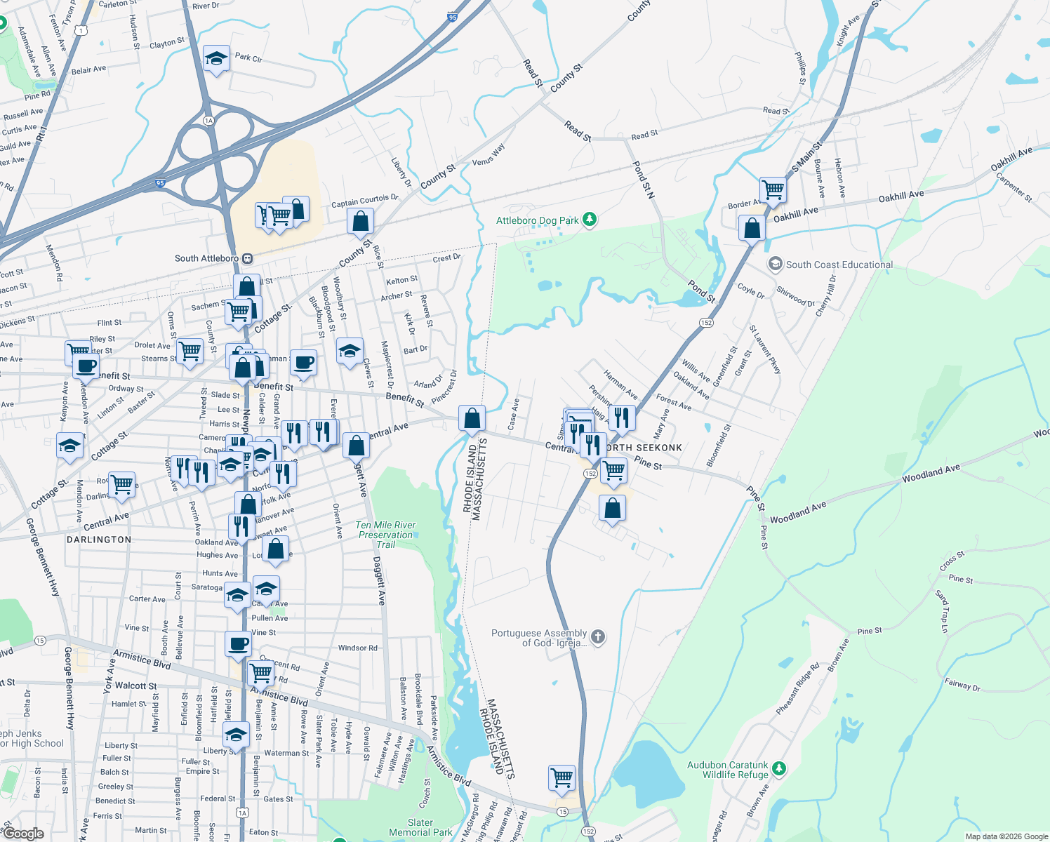 map of restaurants, bars, coffee shops, grocery stores, and more near 24 Perrin Avenue in Seekonk