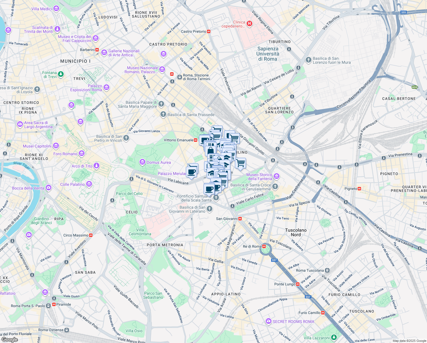 map of restaurants, bars, coffee shops, grocery stores, and more near 30 Viale Manzoni in Roma