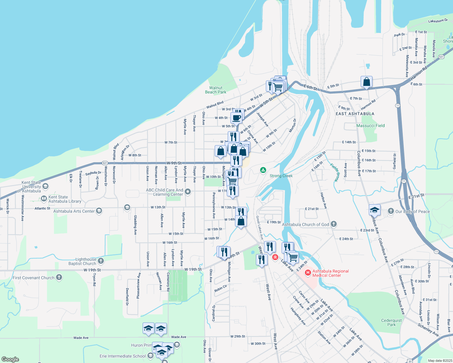 map of restaurants, bars, coffee shops, grocery stores, and more near 1020 Michigan Ave in Ashtabula