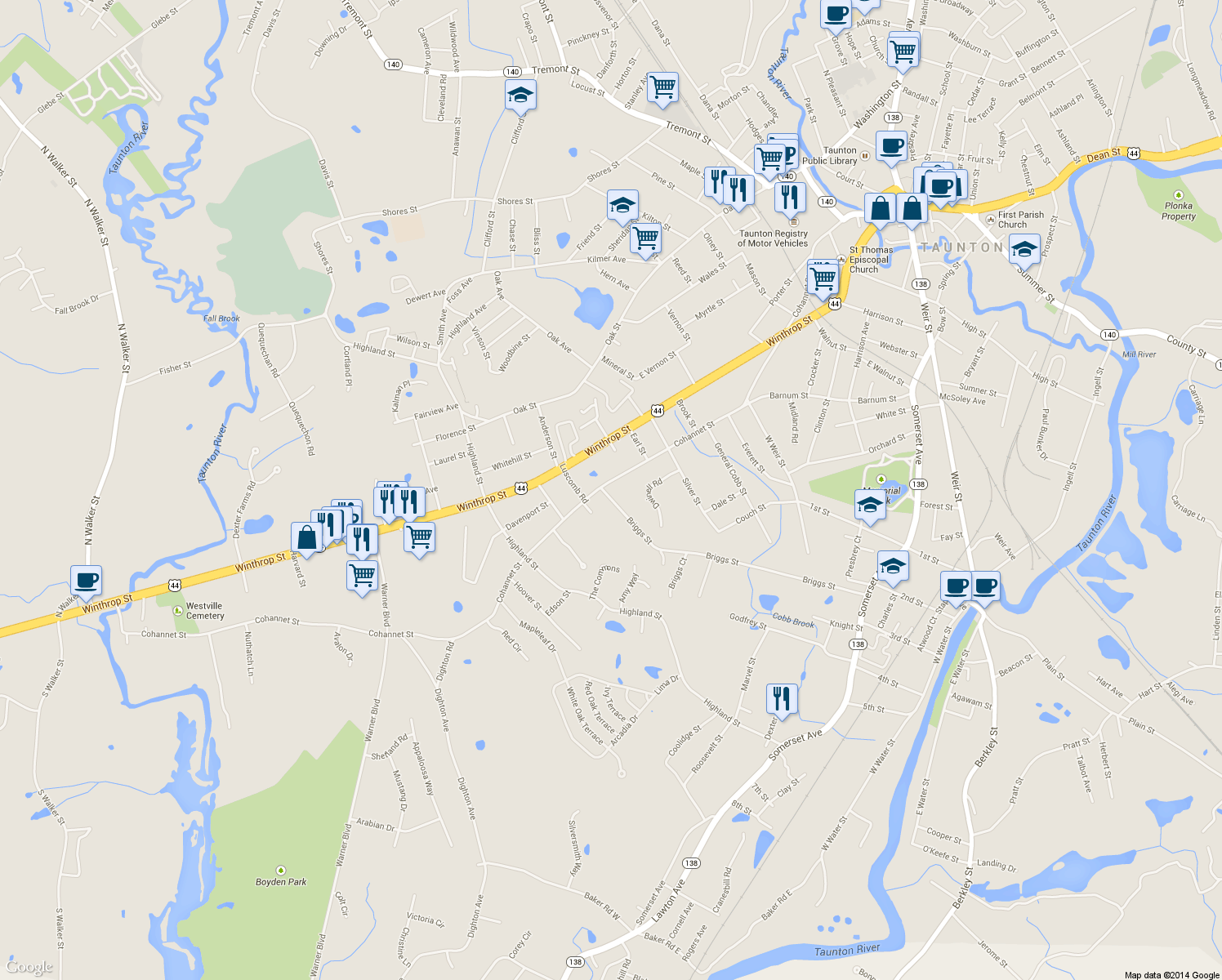 map of restaurants, bars, coffee shops, grocery stores, and more near 598 Cohannet Street in Taunton