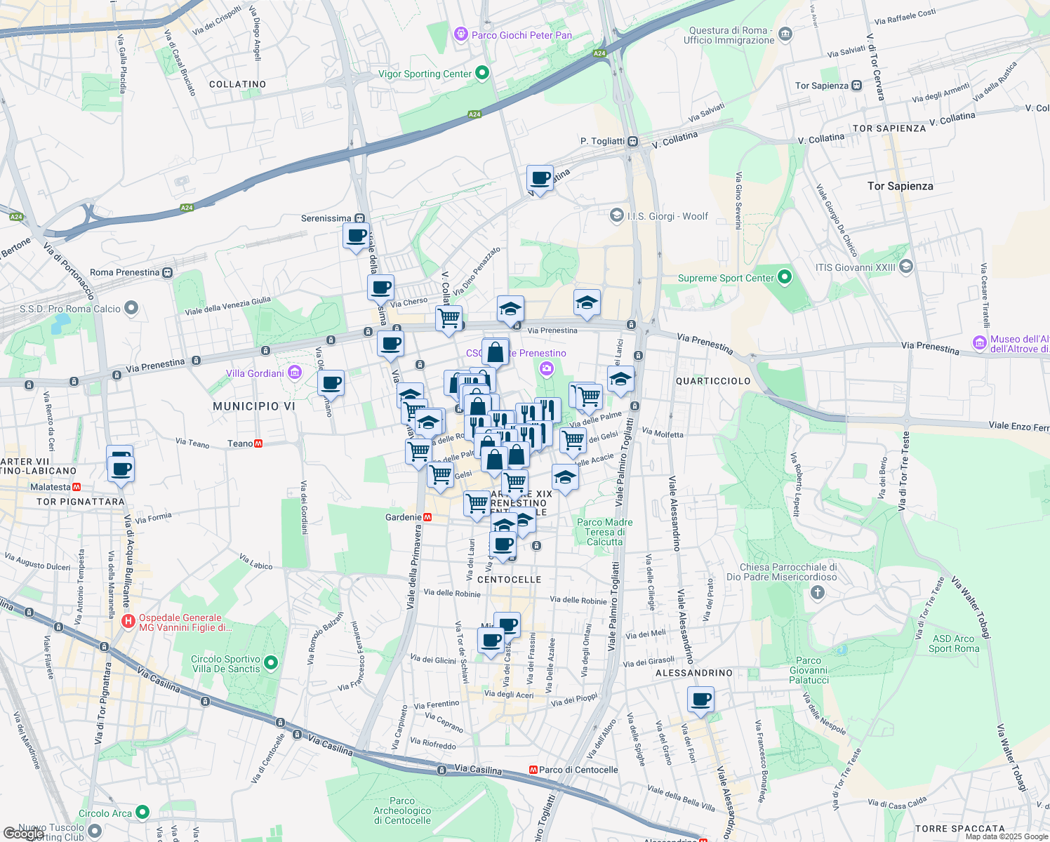 map of restaurants, bars, coffee shops, grocery stores, and more near 150 Via delle Rose in Roma