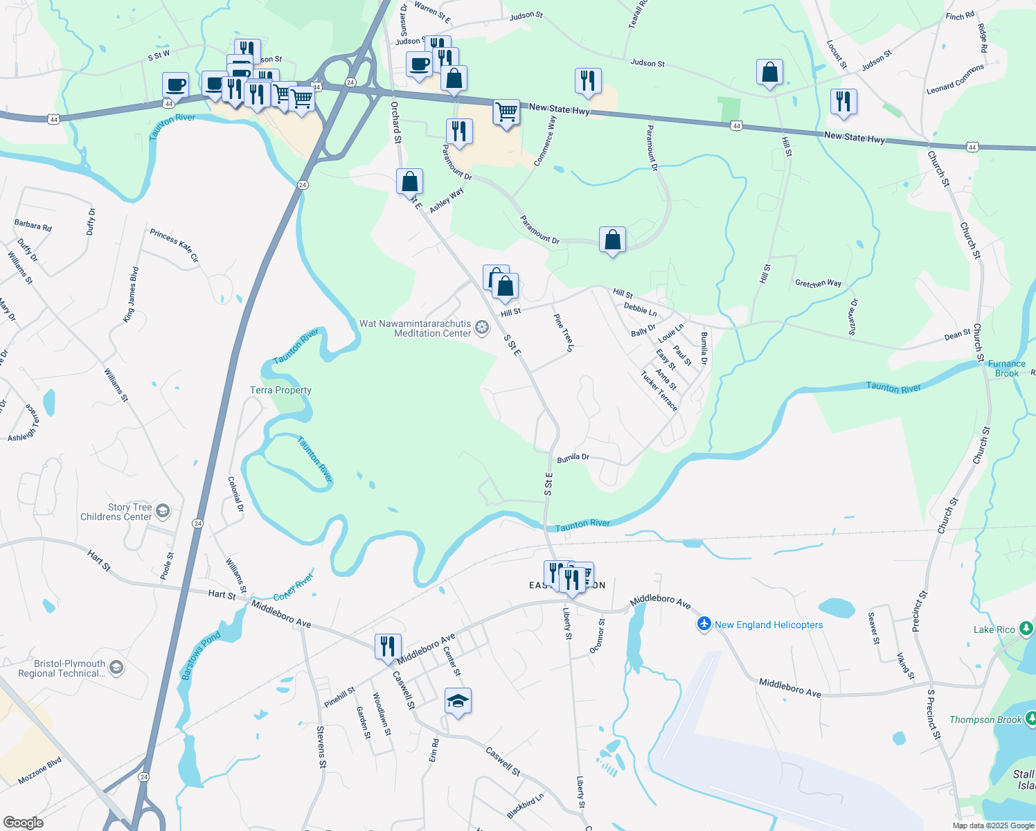 map of restaurants, bars, coffee shops, grocery stores, and more near 242 South Street East in Raynham
