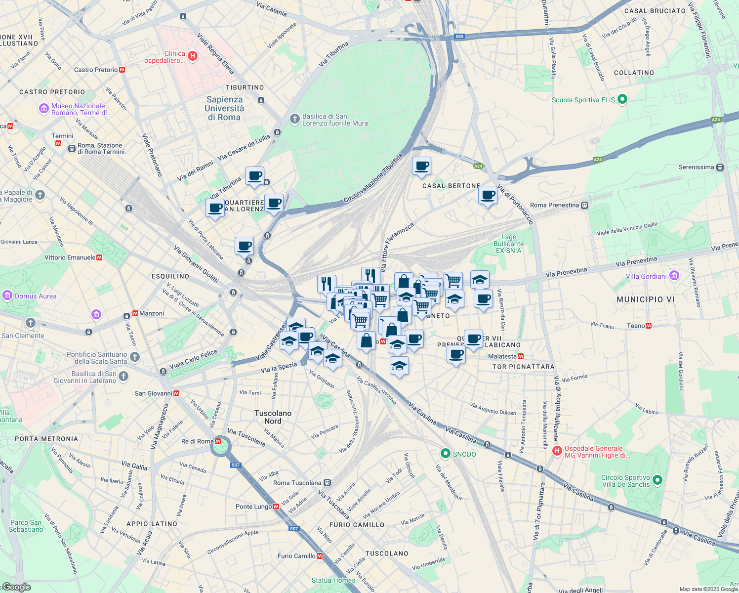 map of restaurants, bars, coffee shops, grocery stores, and more near Via L. F. Marsigli in Roma