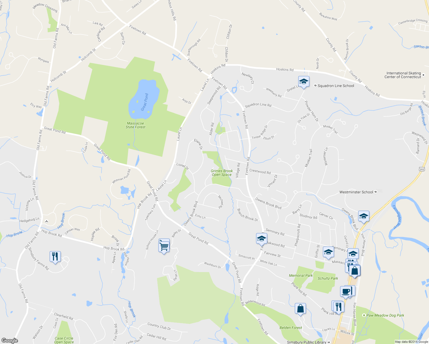 map of restaurants, bars, coffee shops, grocery stores, and more near 8 Dominique Lane in Simsbury