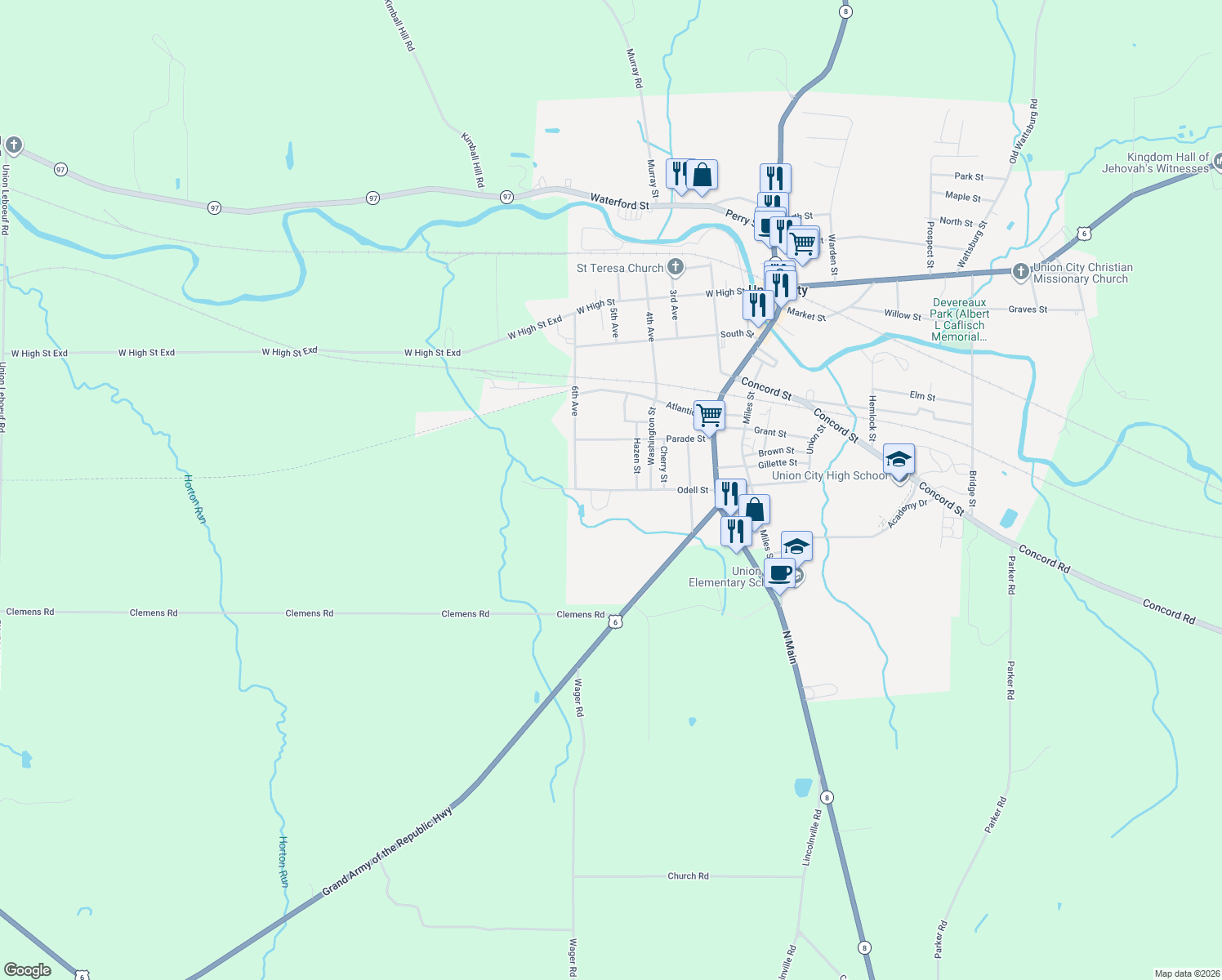 map of restaurants, bars, coffee shops, grocery stores, and more near O Dell Street in Union City